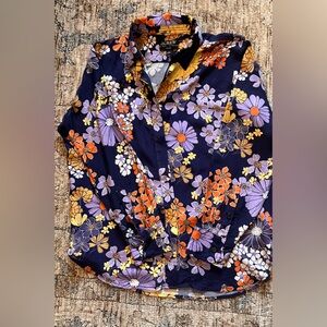 J.Crew Classic Navy Floral Button Down Blouse Size 8 Purple Orange